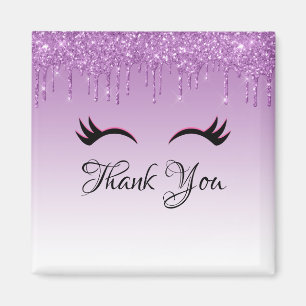 Stylish Black Eyelashes & Purple Glitter Thank You Magnet