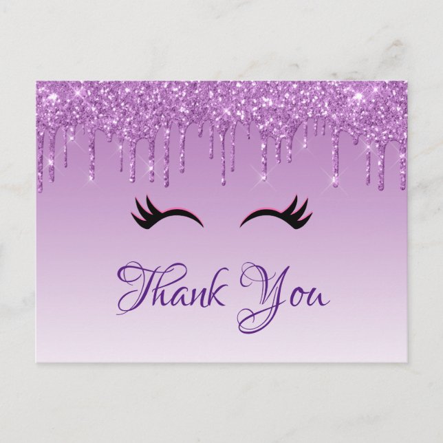 Stylish Black Eyelashes & Purple Glitter Thank You Postcard (Front)
