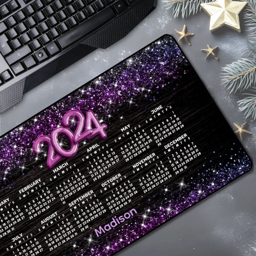 Stylish black faux glitter 2024 monogram calendar  desk mat