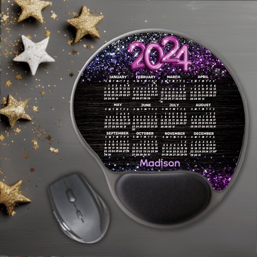 Stylish black faux glitter 2024 monogram calendar  gel mouse pad