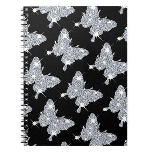 Stylish black faux sparkle diamond butterfly  notebook
