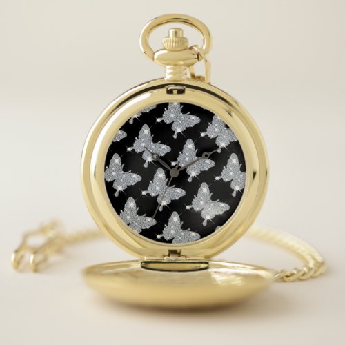 Stylish black faux sparkle diamond butterfly  watc pocket watch