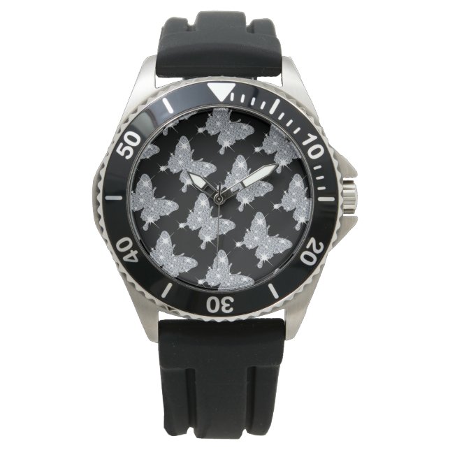 Stylish black faux sparkle diamond butterfly  watc watch (Front)