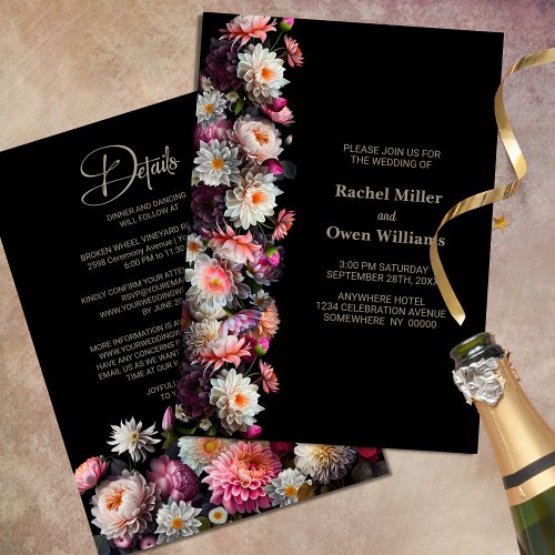 Stylish Black Floral All In One Wedding Invitation