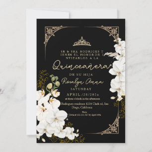Stylish Black Floral Orchids Princess Quinceañera Invitation
