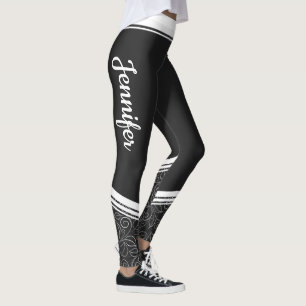 Stylish black floral white stripes and name modern leggings