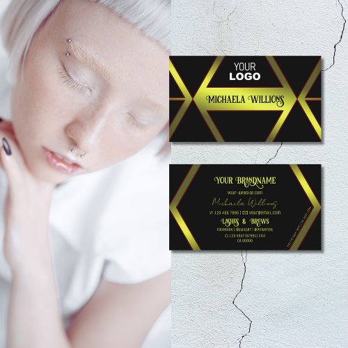 Stylish Black Geometric Yellow Shimmer with Logo Business Card