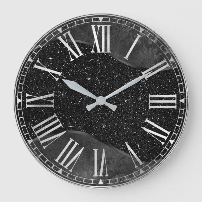 Stylish Black Glitter and Silver Floral Foil Large Clock (Front)