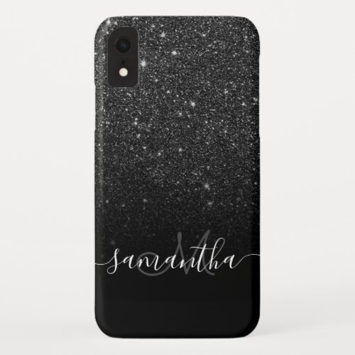 Stylish black glitter ombre sparkles monogram iPhone XR case