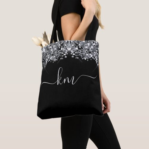 Stylish Black Glitter Script Initial Monogram Tote Bag