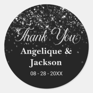 Stylish Black Glitter Thank You Classic Round Sticker