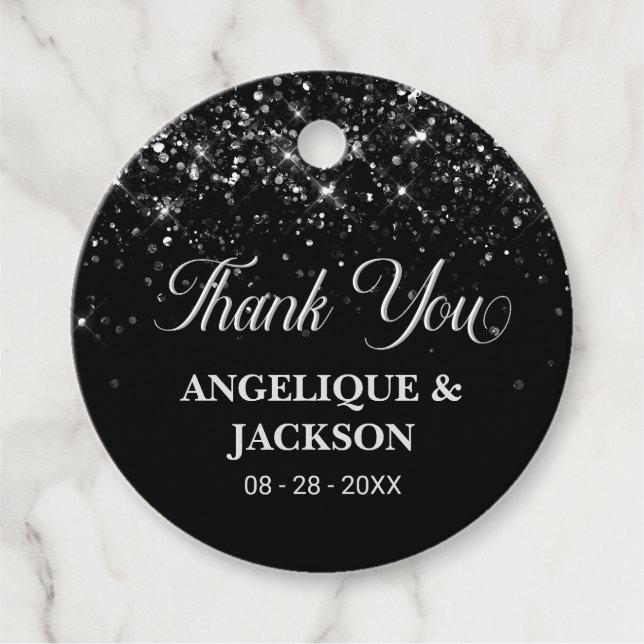 Stylish Black Glitter Thank You Favor Tag (Front)