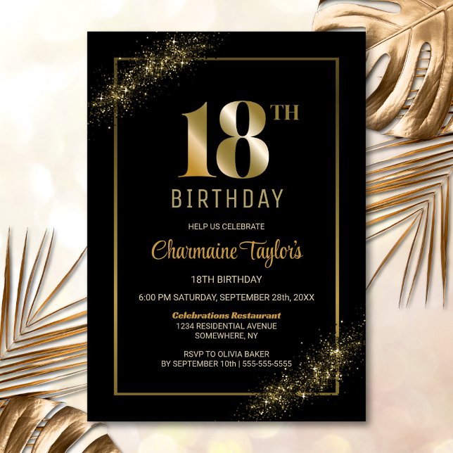 Stylish Black Gold 18th Birthday Party Invitation (Creator Uploaded)