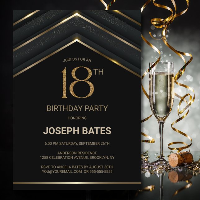 Stylish Black Gold 18th Birthday Party Invitation (Creator Uploaded)