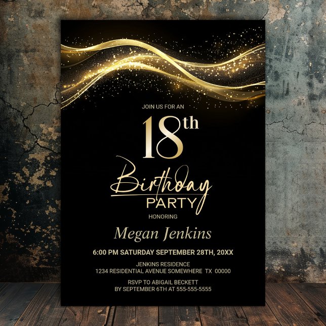 Stylish Black Gold 18th Birthday Party Invitation (Creator Uploaded)