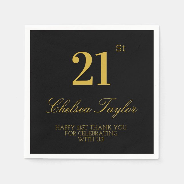 Stylish Black & Gold 21st Birthday Confetti Party Napkins (Front)