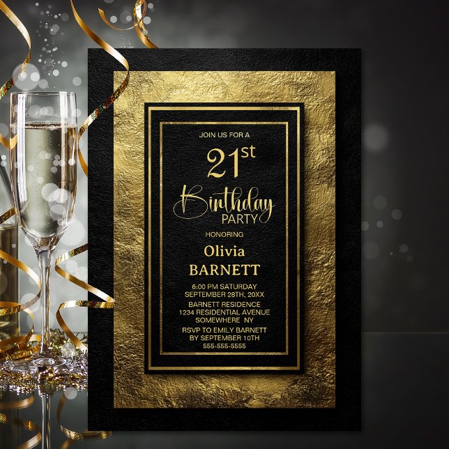 Stylish Black Gold 21st Birthday Party Invitation (Creator Uploaded)