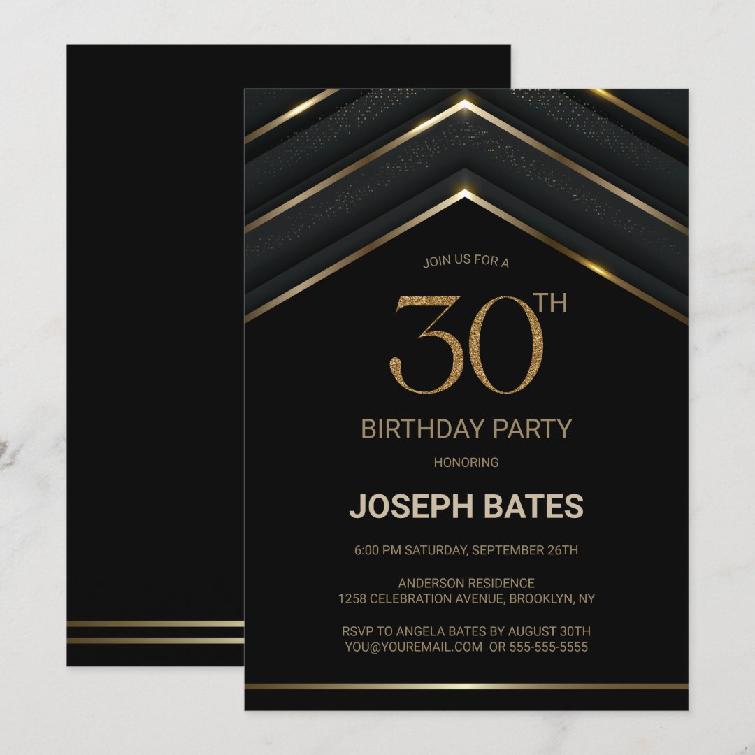Stylish Black Gold 30th Birthday Party Invitation | Zazzle
