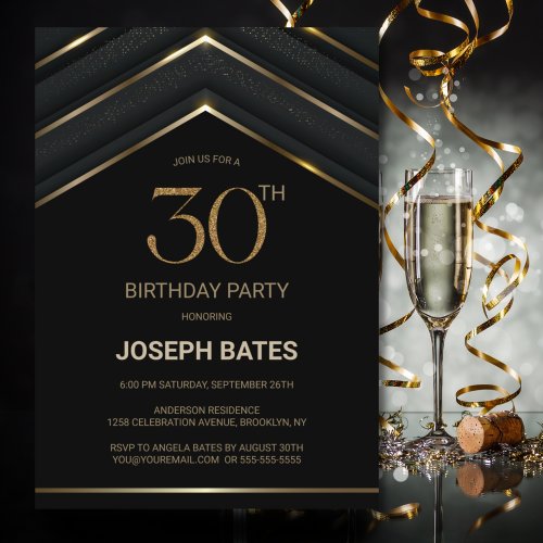 Stylish Black Gold 30th Birthday Party Invitation