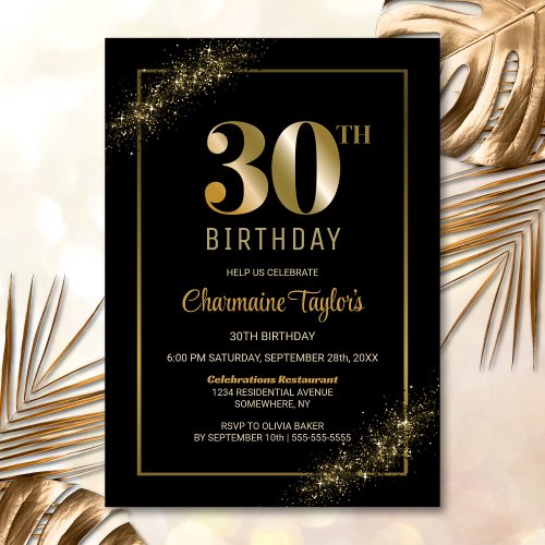 Stylish Black Gold 30th Birthday Party Invitation