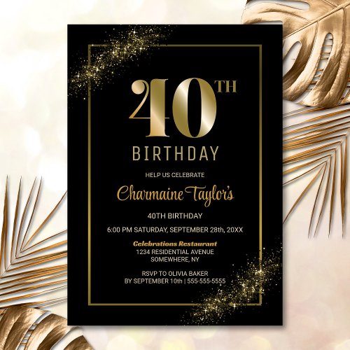 Stylish Black Gold 40th Birthday Party Invitation