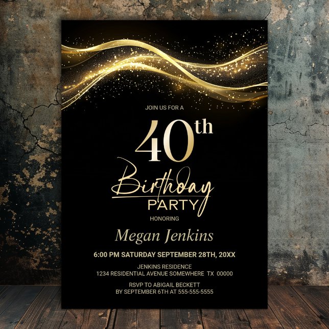 Stylish Black Gold 40th Birthday Party Invitation (Creator Uploaded)