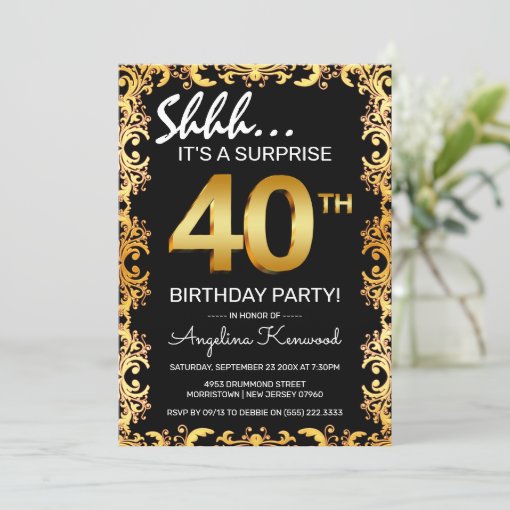 Stylish Black & Gold 40th Surprise Birthday Party Invitation | Zazzle