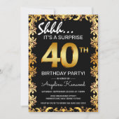 Stylish Black & Gold 40th Surprise Birthday Party Invitation (Front)