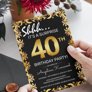 Stylish Black & Gold 40th Surprise Birthday Party Invitation