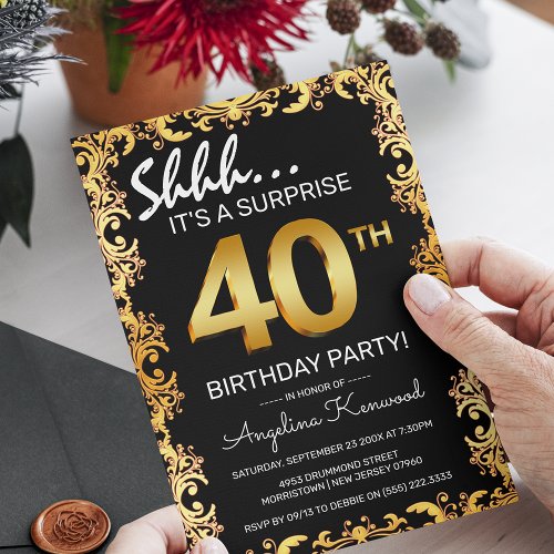 Stylish Black  Gold 40th Surprise Birthday Party Invitation
