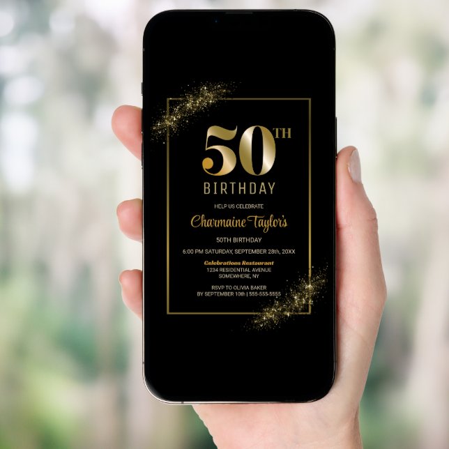 Stylish Black Gold 50th Birthday Party Invitation (Front Digital)