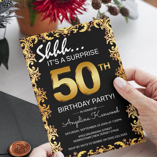 Stylish Black  Gold 50th Surprise Birthday Party Invitation