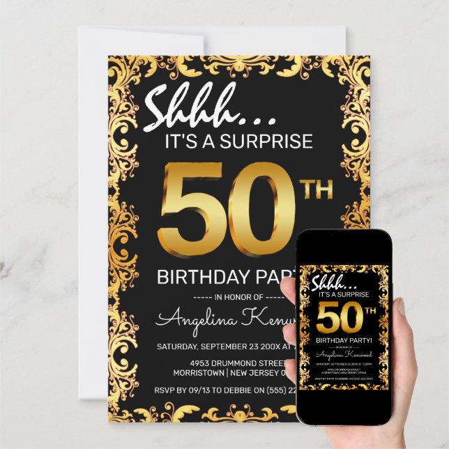 Black and Gold Surprise Stylish Birthday Party Invitation / Any Age Birthday