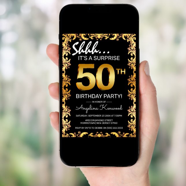 Stylish Black & Gold 50th Surprise Birthday Party Invitation (Front Digital)