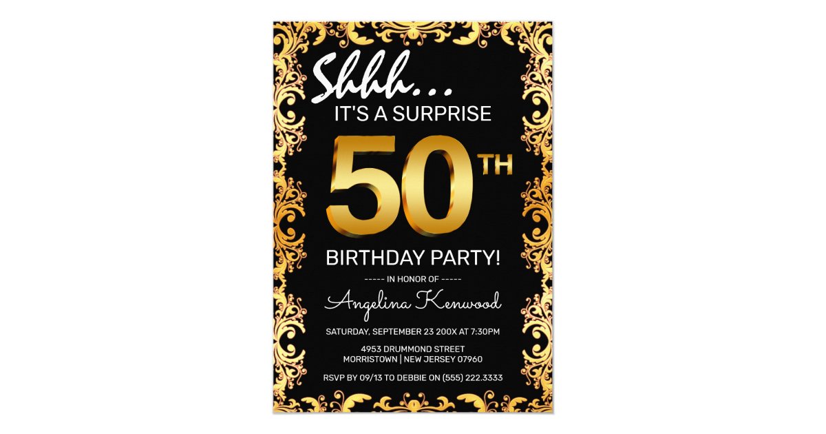 Stylish Black And Gold 50th Surprise Birthday Party Invitation