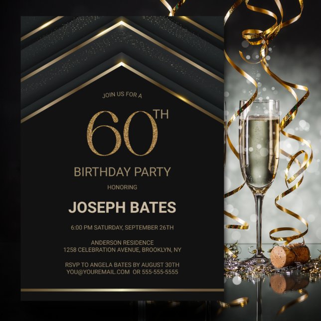 Stylish Black Gold 60th Birthday Party Invitation (Creator Uploaded)