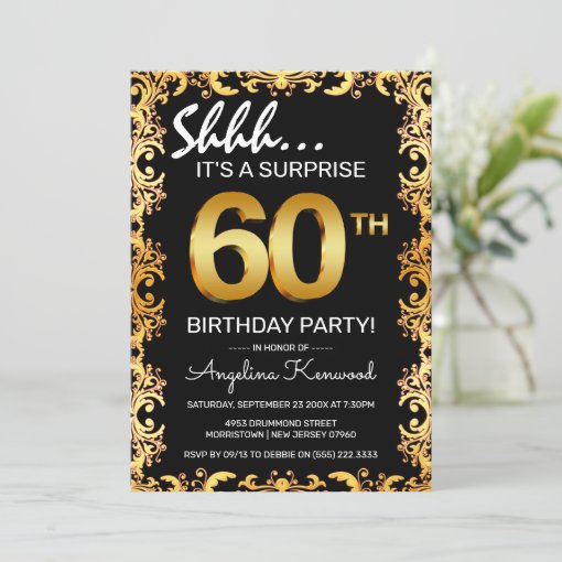 Stylish Black & Gold 60th Surprise Birthday Party Invitation | Zazzle