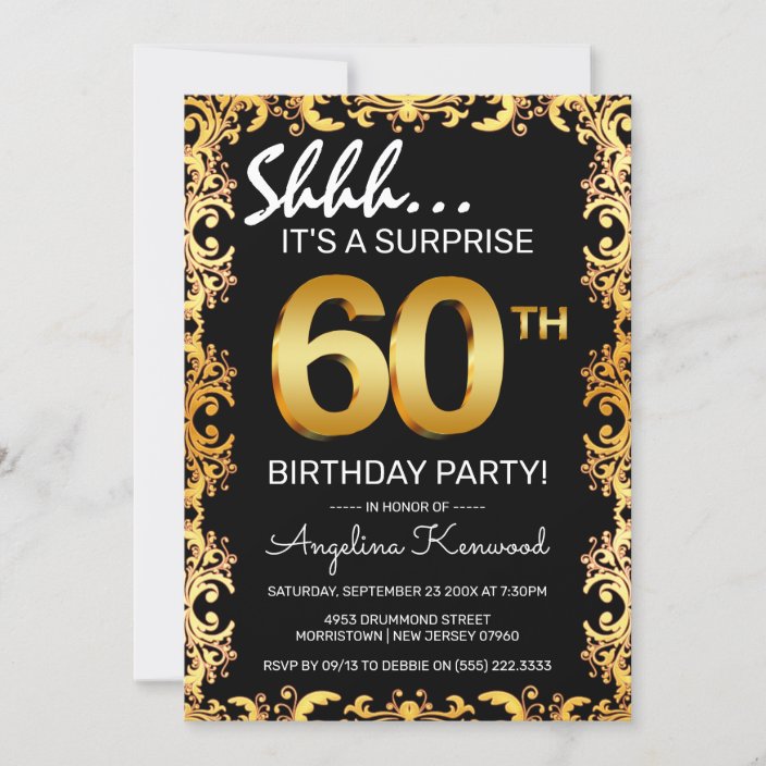 Stylish Black & Gold 60th Surprise Birthday Party Invitation | Zazzle.com