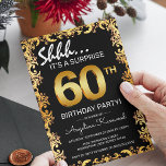 Stylish Black & Gold 60th Surprise Birthday Party Invitation<br><div class="desc">Set the tone for a memorable party with our stylish black and gold surprise birthday invitations. These invite templates feature a unique gold ornate border set against a classy black background. The eye-catching gold numbers showcase the celebrant's age, making each invitation a personal keepsake. Editing is a breeze with our...</div>