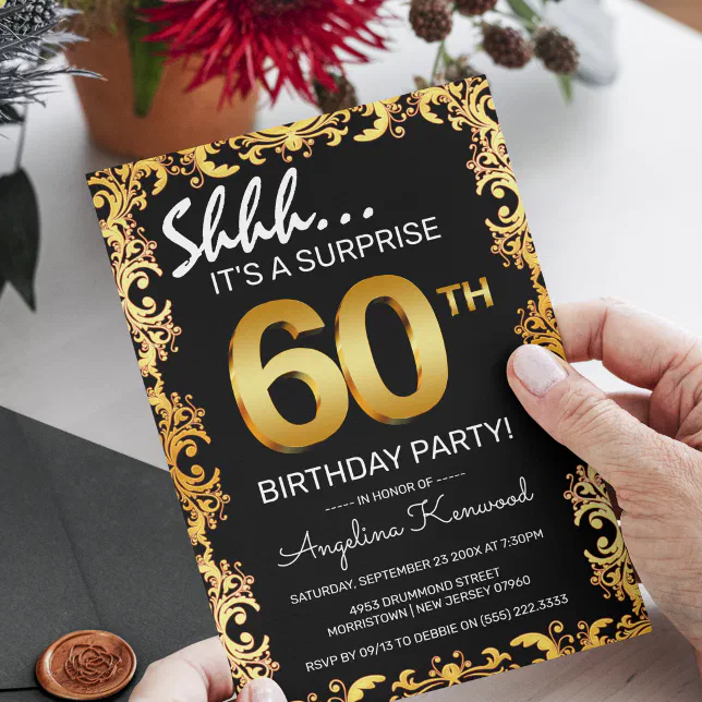 Stylish Black & Gold 60th Surprise Birthday Party Invitation | Zazzle