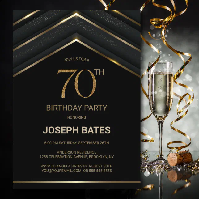 Stylish Black Gold 70th Birthday Party Invitation Zazzle