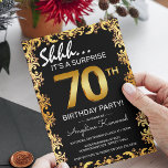 Stylish Black & Gold 70th Surprise Birthday Party Invitation<br><div class="desc">Stylish black and gold surprise birthday party invitation,  featuring an ornate gold border,  big gold numbers of the age and a birthday template that is easy to customize.</div>