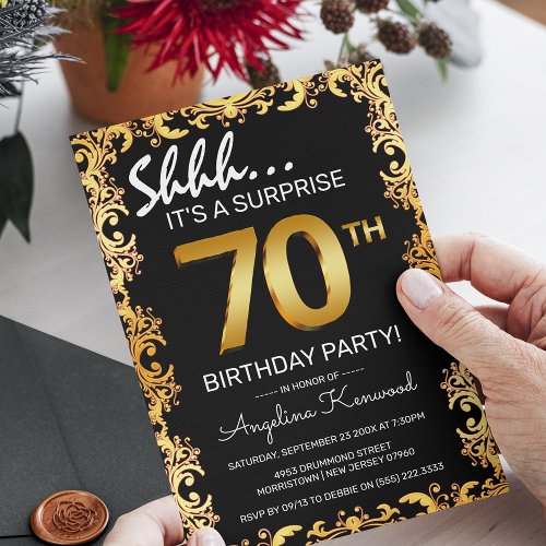 Stylish Black  Gold 70th Surprise Birthday Party Invitation