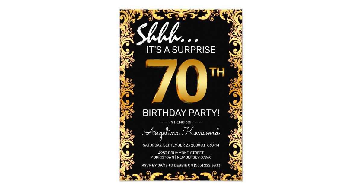 Stylish Black & Gold 70th Surprise Birthday Party Invitation | Zazzle.com
