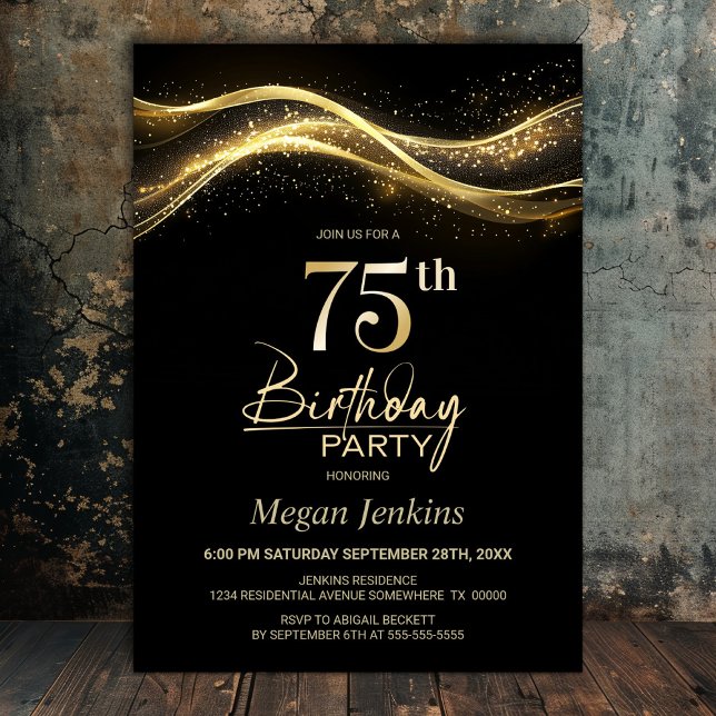 Stylish Black Gold 75th Birthday Party Invitation (Creator Uploaded)