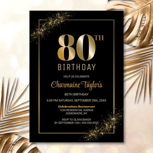 Stylish Black Gold 80th Birthday Party Invitation