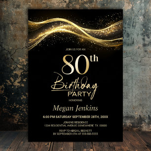 Stylish Black Gold 80th Birthday Party Invitation