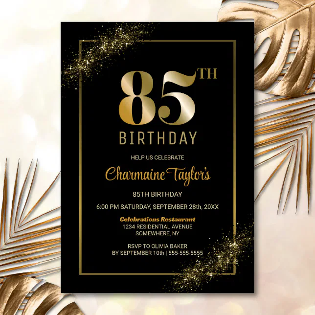 Stylish Black Gold 85th Birthday Party Invitation | Zazzle