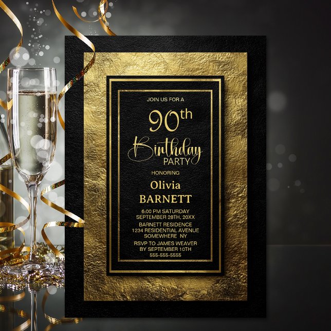 Stylish Black Gold 90th Birthday Party Invitation (Creator Uploaded)