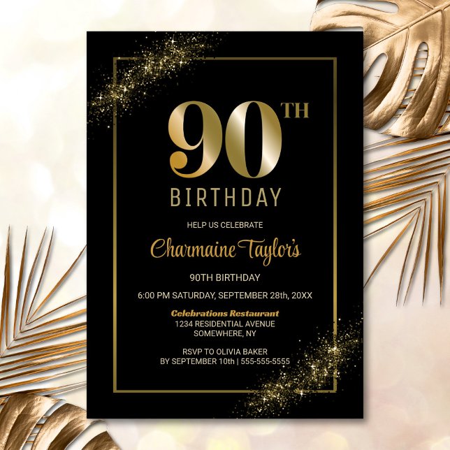 Stylish Black Gold 90th Birthday Party Invitation (Creator Uploaded)